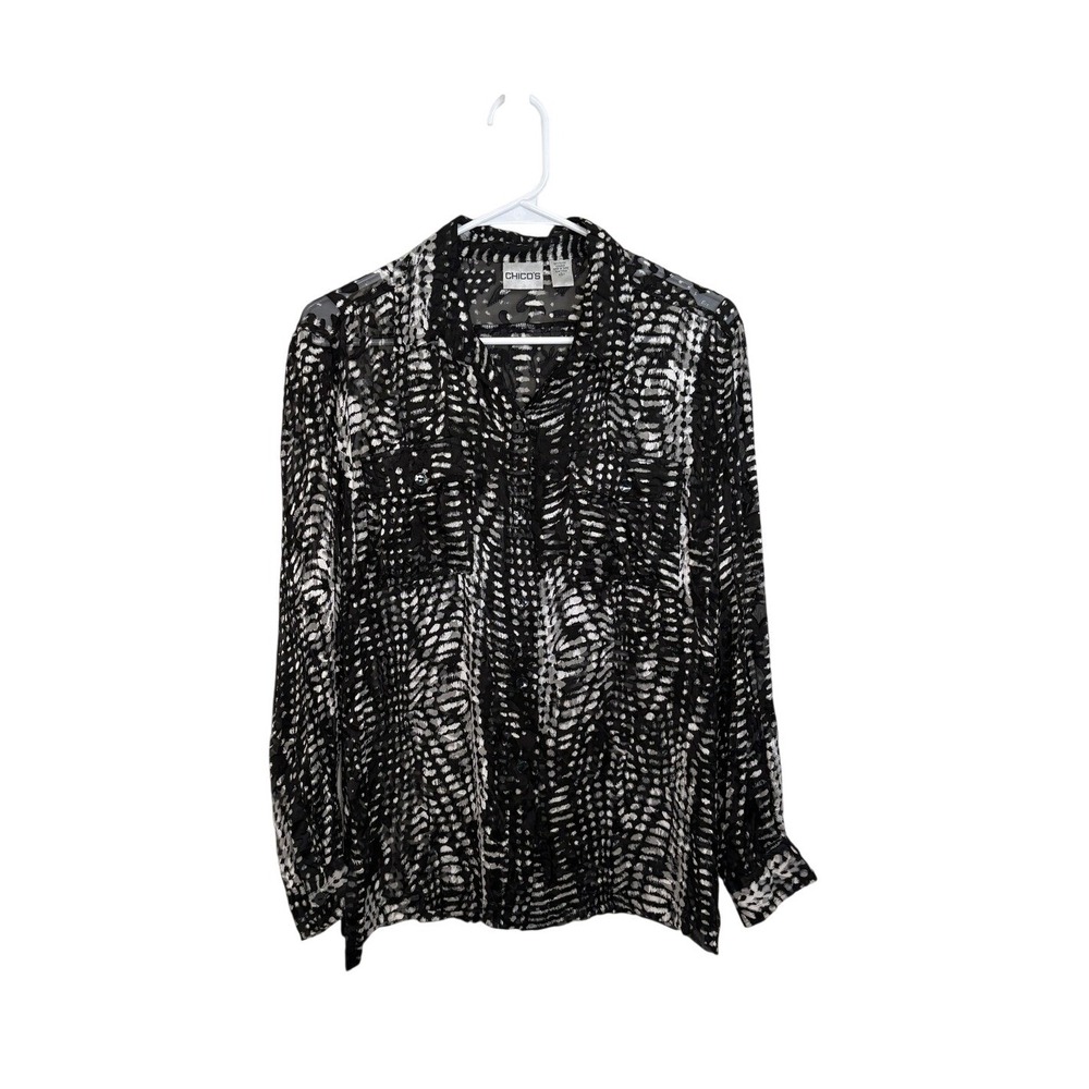 Chico's Black White Sheer Animal Print Blouse Size 1 Lightweight Career‎ Top